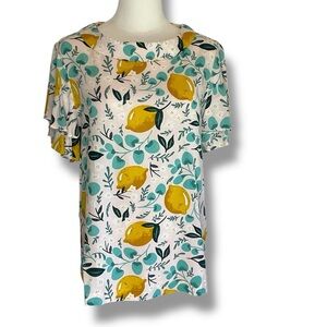 MAX Jeans Top Retro Lemons Pink Blue Yellow Boat Neck Ruffle Sleeve Floral Small